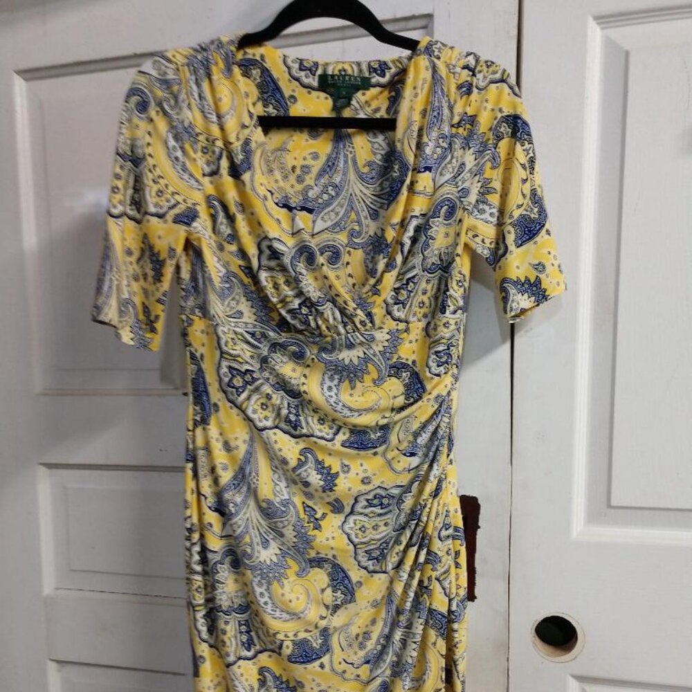 Ralph Lauren Wrap Dress, Size 6, Yellow and Blue Paisley, Plunging Neckline